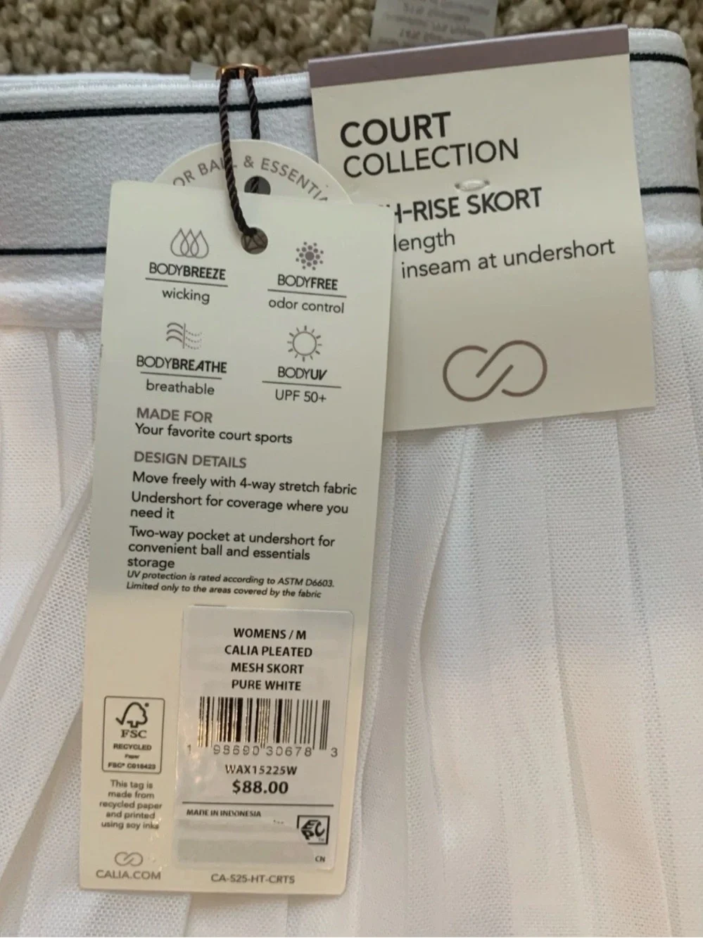 Calia White Pleated Athletic Skort with Branded Waistband NWT Medium